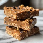 Close-up view of a sliced no-bake peanut butter oatmeal bar with chocolate chips.