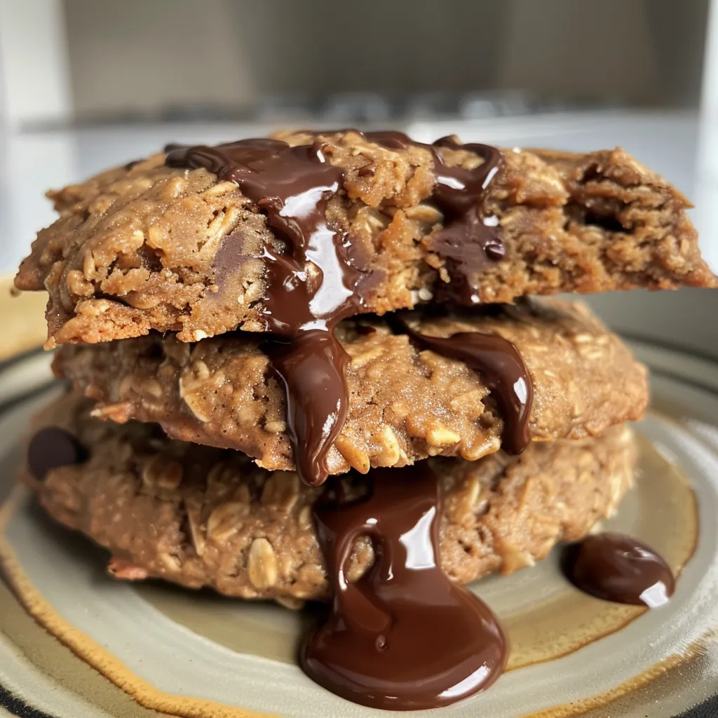 Side view of golden-brown oatmeal protein cookies stacked on a dark surface.