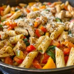 Close-up shot of a vibrant one-pot chicken veggie pasta brimming with colorful vegetables.
