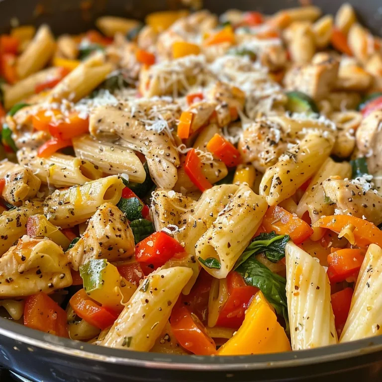 Wholesome One-Pot Chicken Veggie Pasta: A Cozy Meal for Any Night Close-up shot of a vibrant one-pot chicken veggie pasta brimming with colorful vegetables.