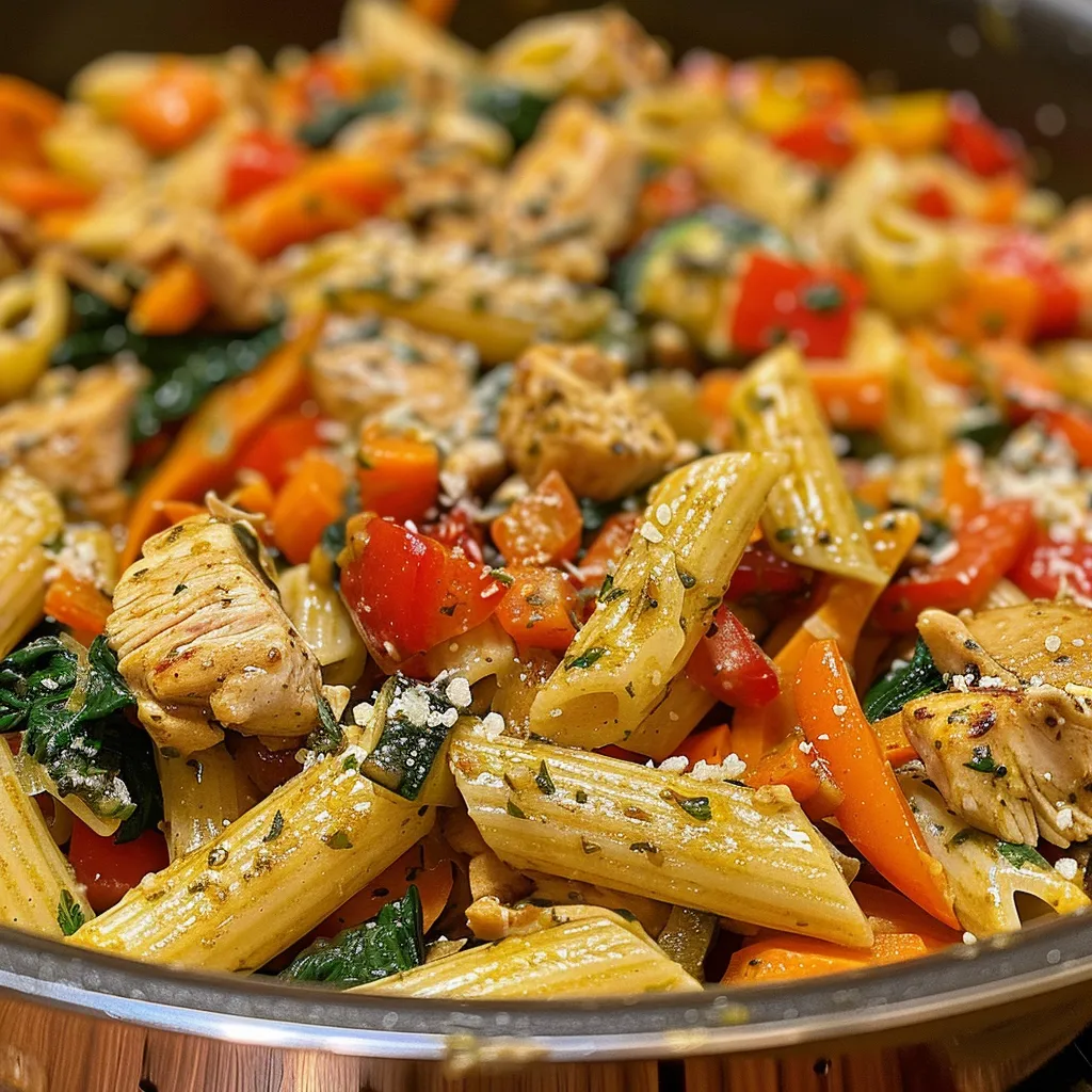 Side view of a delicious chicken veggie pasta dish, showcasing juicy chicken and fresh vegetables.