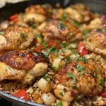 Juicy One Skillet Chicken and Rice with vibrant bell peppers and herbs.