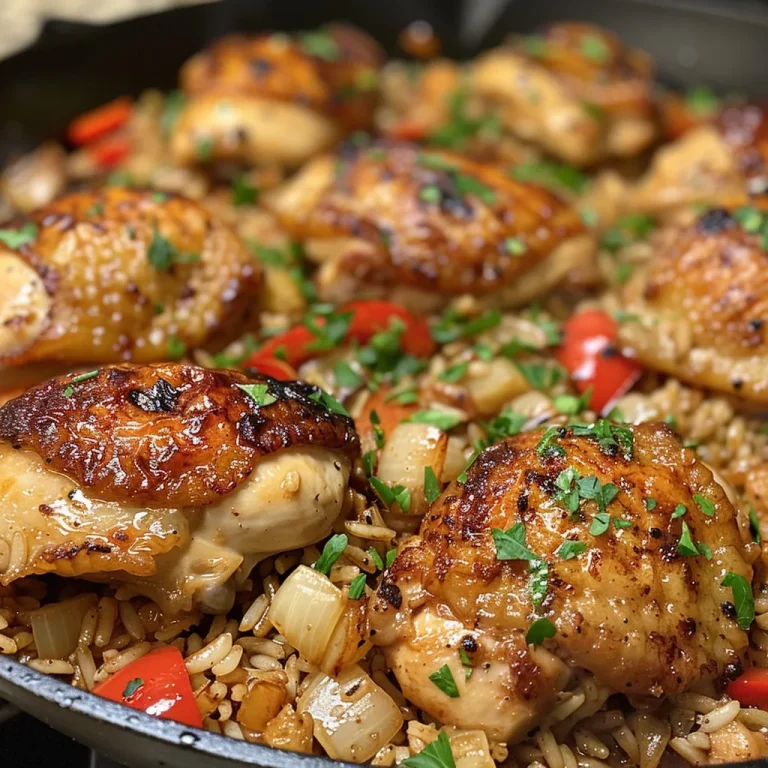 Effortless One-Skillet Chicken and Rice: A Cozy Meal for Any Night Juicy One Skillet Chicken and Rice with vibrant bell peppers and herbs.