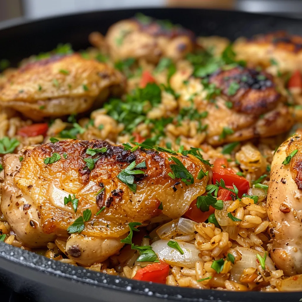 Close-up of a skillet featuring chicken thighs, rice, and colorful vegetables.