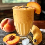 Close-up view of a creamy peach smoothie in a glass, garnished with peach slices.
