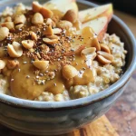 Close-up of a Peanut Butter Apple Breakfast Bowl with sliced apples and oats.