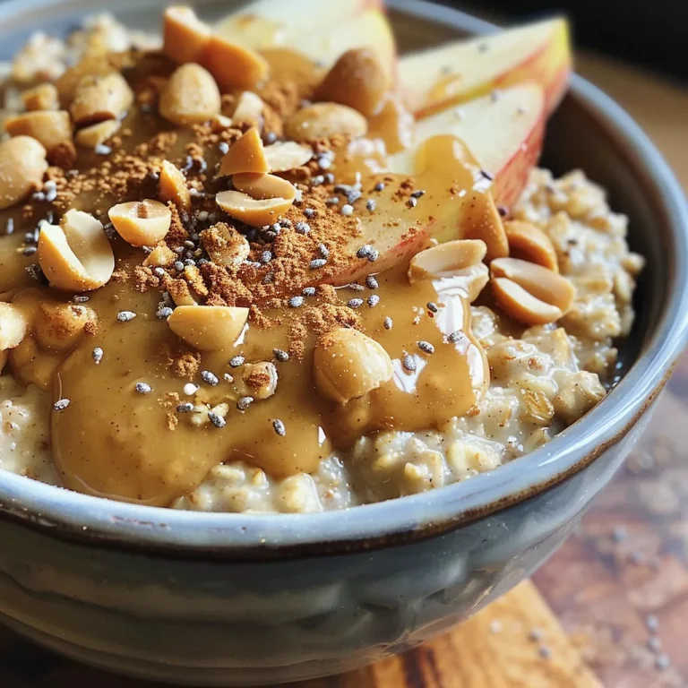 Close-up of a Peanut Butter Apple Breakfast Bowl with sliced apples and oats.