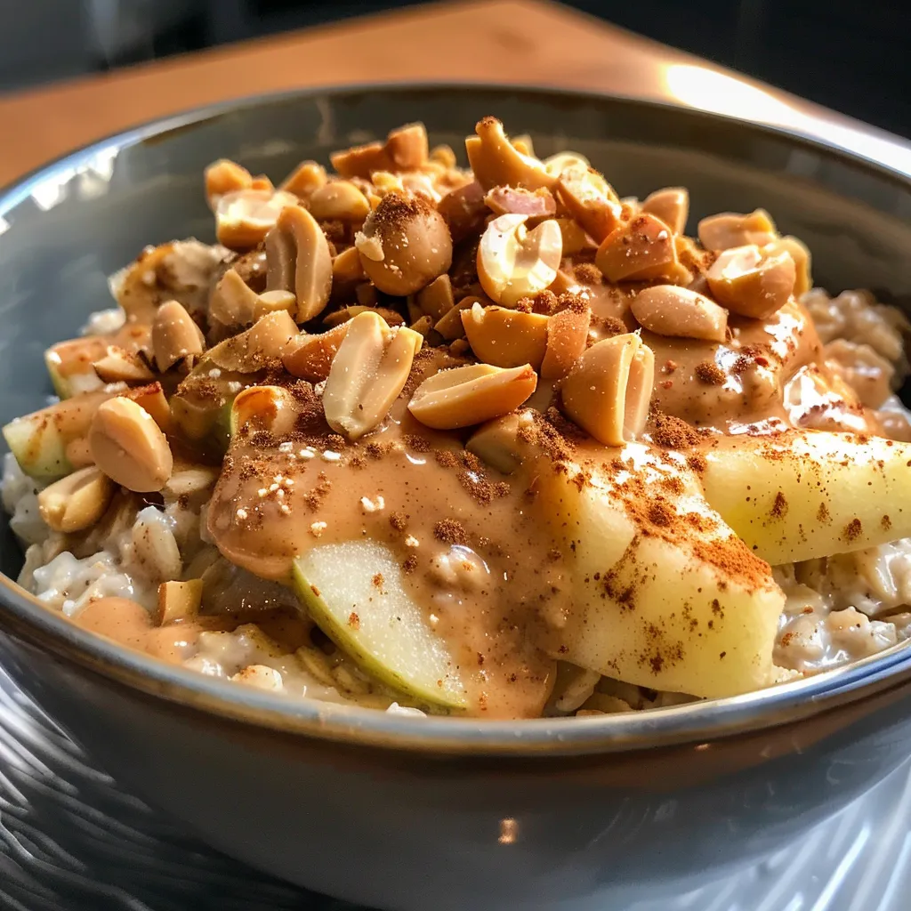 Side view of a breakfast bowl featuring oats, peanut butter, and apple slices.
