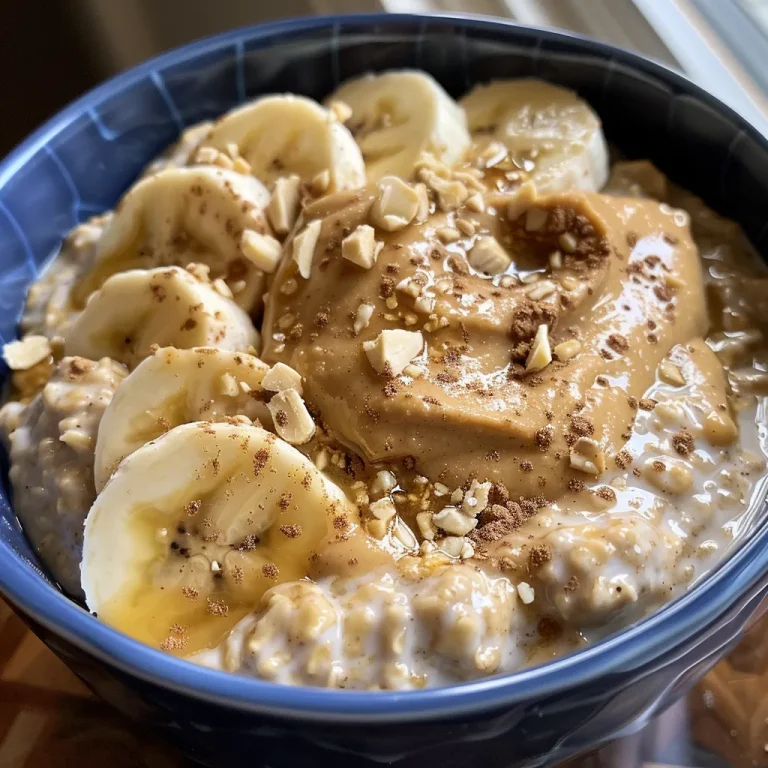 Close-up view of a bowl of Peanut Butter Banana Protein Overnight Oats topped with banana slices.