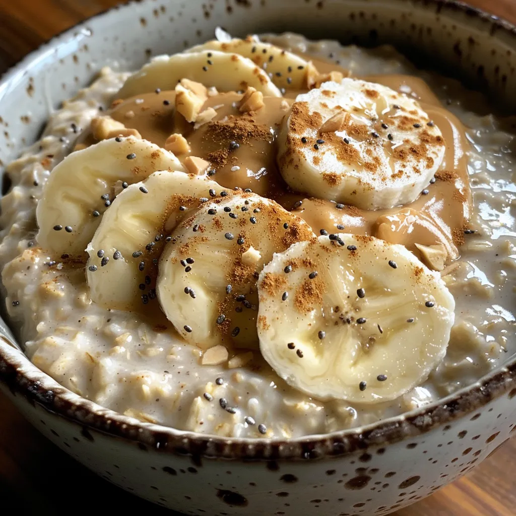Side perspective of creamy Peanut Butter Banana Protein Overnight Oats with oats and banana visible.