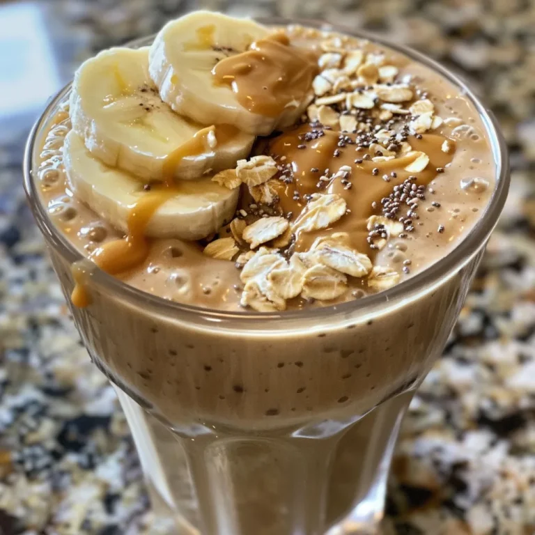 Close-up side view of a creamy Peanut Butter Oat Smoothie in a glass.