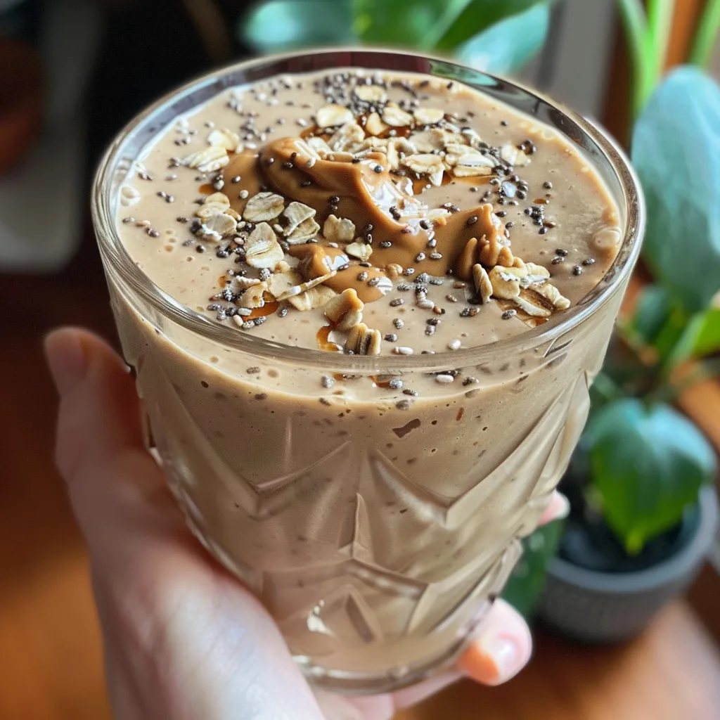A refreshing Peanut Butter Oat Smoothie with oats and banana, shot with an iPhone.