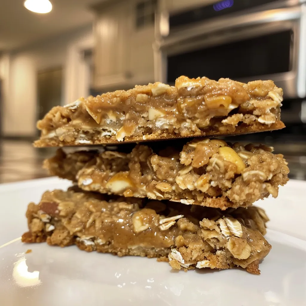 Side profile of a freshly baked peanut butter oatmeal cookie resting on a plate.