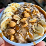 A close-up view of creamy peanut butter overnight oats topped with banana slices and chopped peanuts.