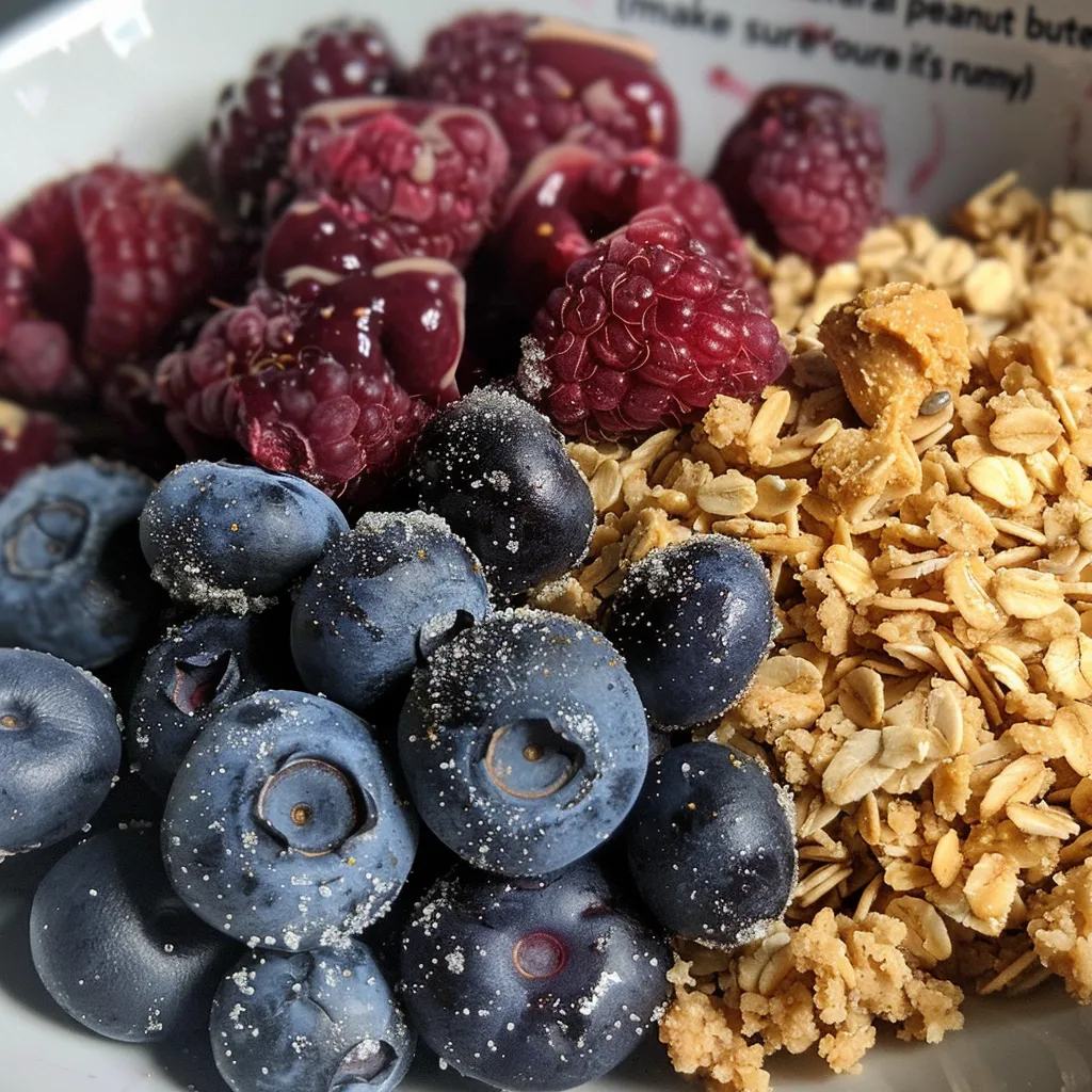 Side view of a protein berry crumble dish featuring blueberries and oats.