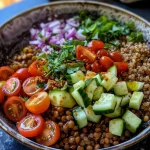 Close-up view of a vibrant lentil quinoa bowl with fresh vegetables.