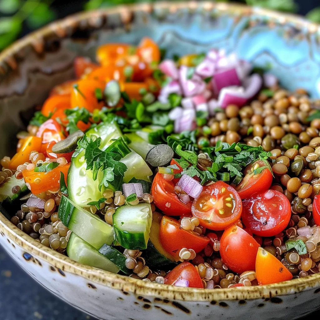 Colorful quinoa bowl featuring lentils, cherry tomatoes, and cucumber.