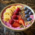 Close-up view of a colorful protein-packed smoothie bowl topped with fresh fruit and granola.
