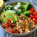 Close-up view of a rotisserie chicken bowl filled with colorful ingredients.