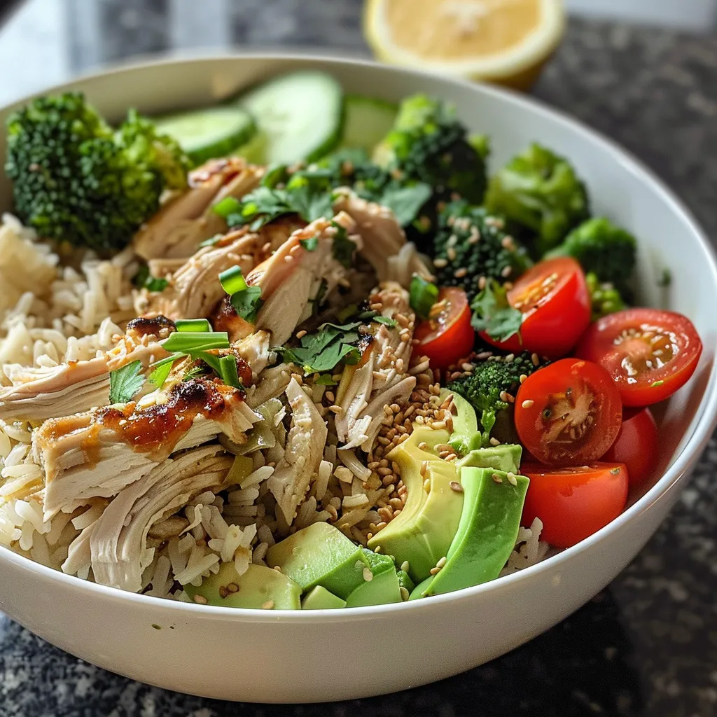 Side view of a bowl featuring shredded rotisserie chicken and fresh vegetables.