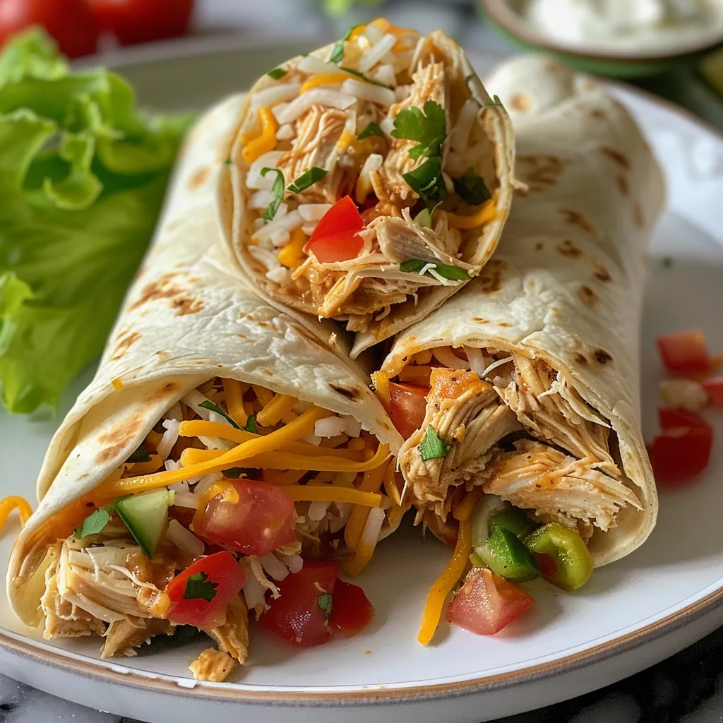 Side angle of a deliciously wrapped rotisserie chicken burrito, showcasing its savory fillings.