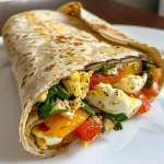 Close-up of a savory egg white breakfast wrap filled with colorful vegetables.