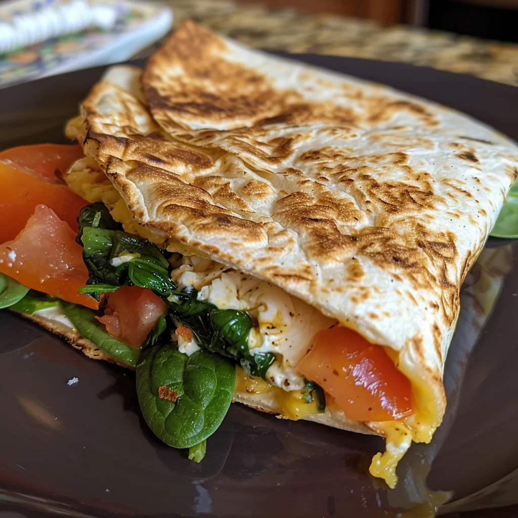 Side view of a delicious breakfast wrap showcasing egg whites, bell peppers, and spinach.