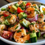 A vibrant plate of Shrimp Avocado Salad showcasing shrimp, avocado, and colorful vegetables.