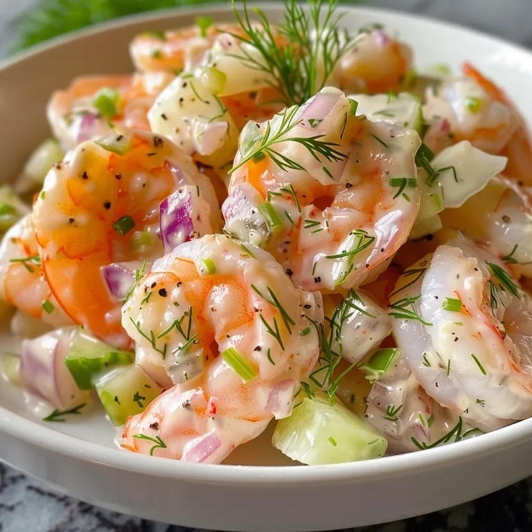 Close-up of a vibrant shrimp salad featuring colorful vegetables and a creamy dressing.