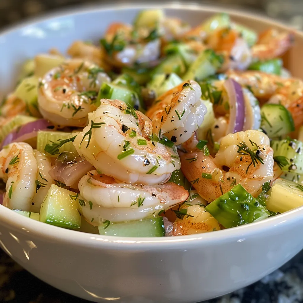 Side view of a delicious shrimp salad, showcasing fresh shrimp and chopped vegetables.