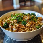 A close-up view of Spicy Garlic Chicken and Broccoli Noodle Bowls, featuring vibrant broccoli and tender chicken pieces.