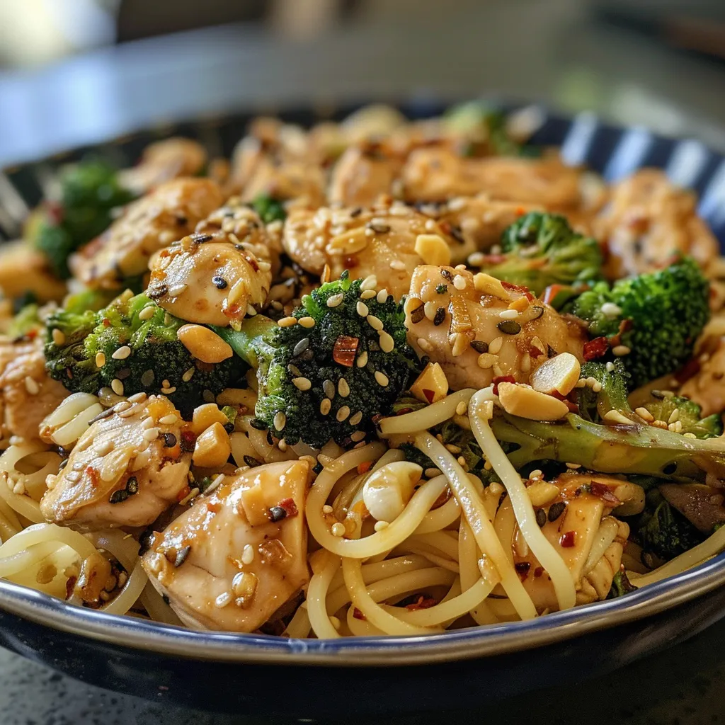 Side view of a bowl filled with noodles, garlic chicken, and broccoli, showcasing its colorful and appetizing presentation.