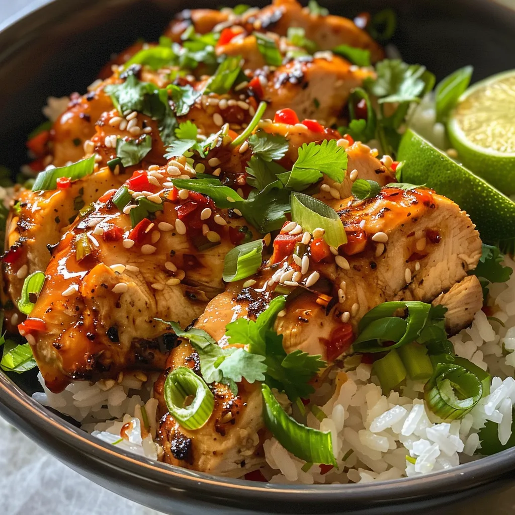 A vibrant bowl of Spicy Garlic Chicken with rice and fresh herbs.