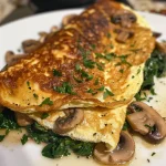 Close-up of a juicy spinach mushroom omelette with herbs on a plate.