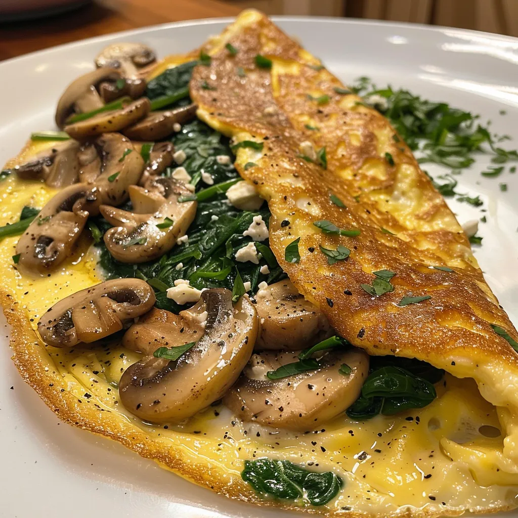 Side view of a fresh spinach mushroom omelette garnished with parsley.
