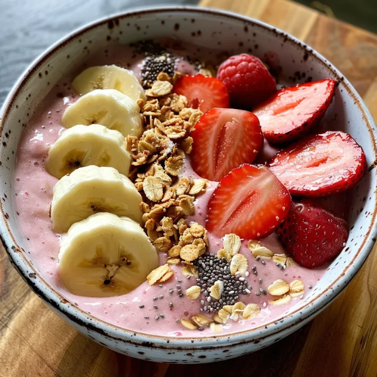 A vibrant strawberry banana smoothie bowl topped with sliced strawberries, coconut flakes, and hemp seeds.