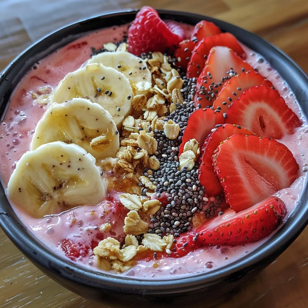 A side view of a creamy Strawberry Banana Smoothie Bowl garnished with sliced bananas and strawberries.