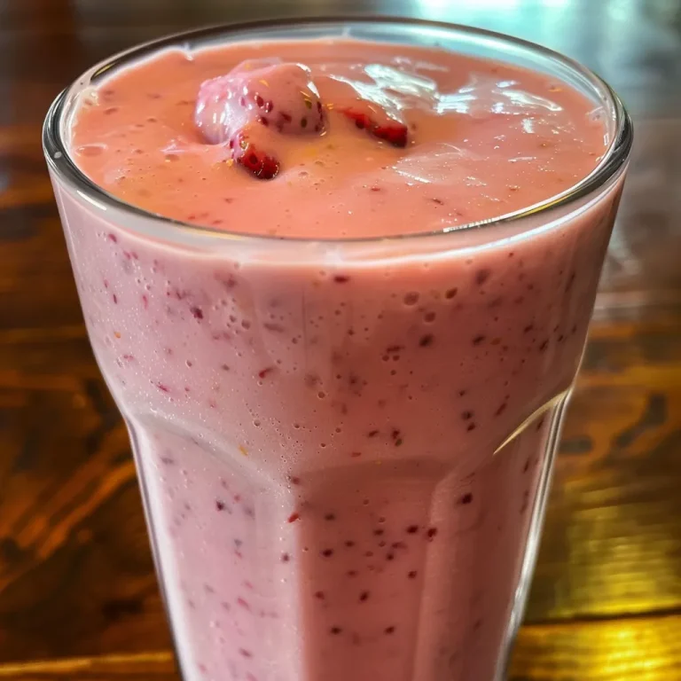 Close-up of a creamy strawberry banana smoothie in a glass.