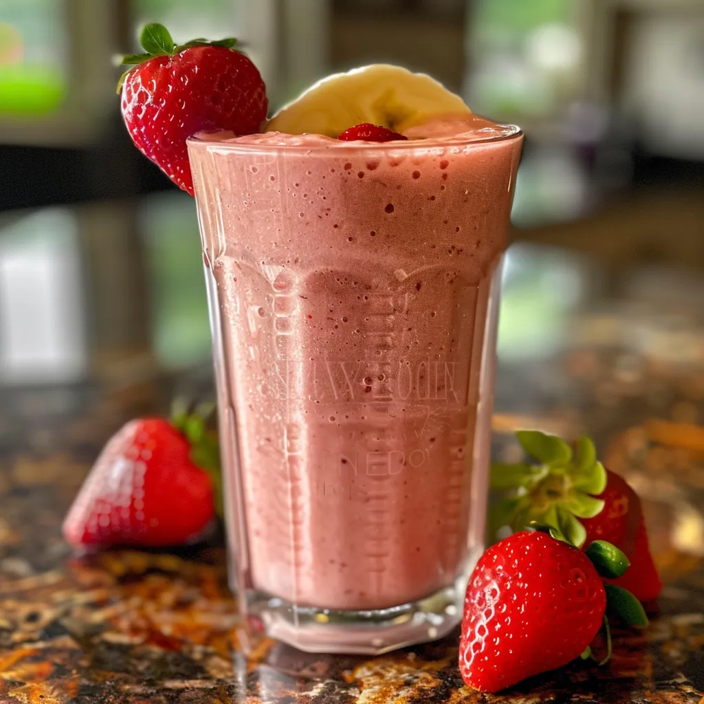 Side view of a vibrant strawberry banana smoothie with fresh fruit.