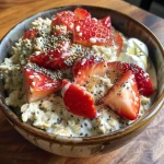 Close-up view of a creamy bowl of strawberry vanilla protein oats topped with fresh strawberries.