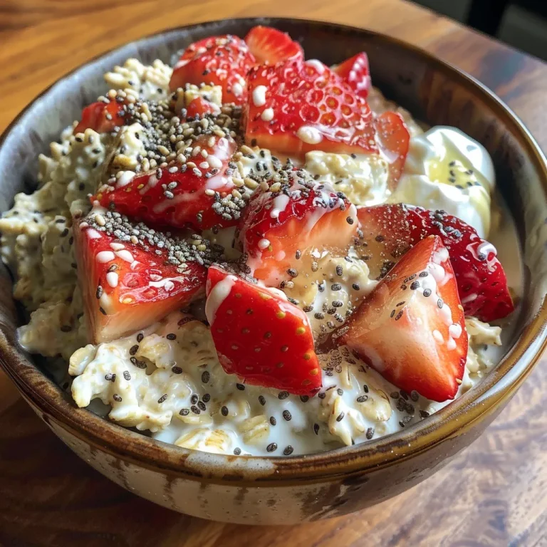 Close-up view of a creamy bowl of strawberry vanilla protein oats topped with fresh strawberries.
