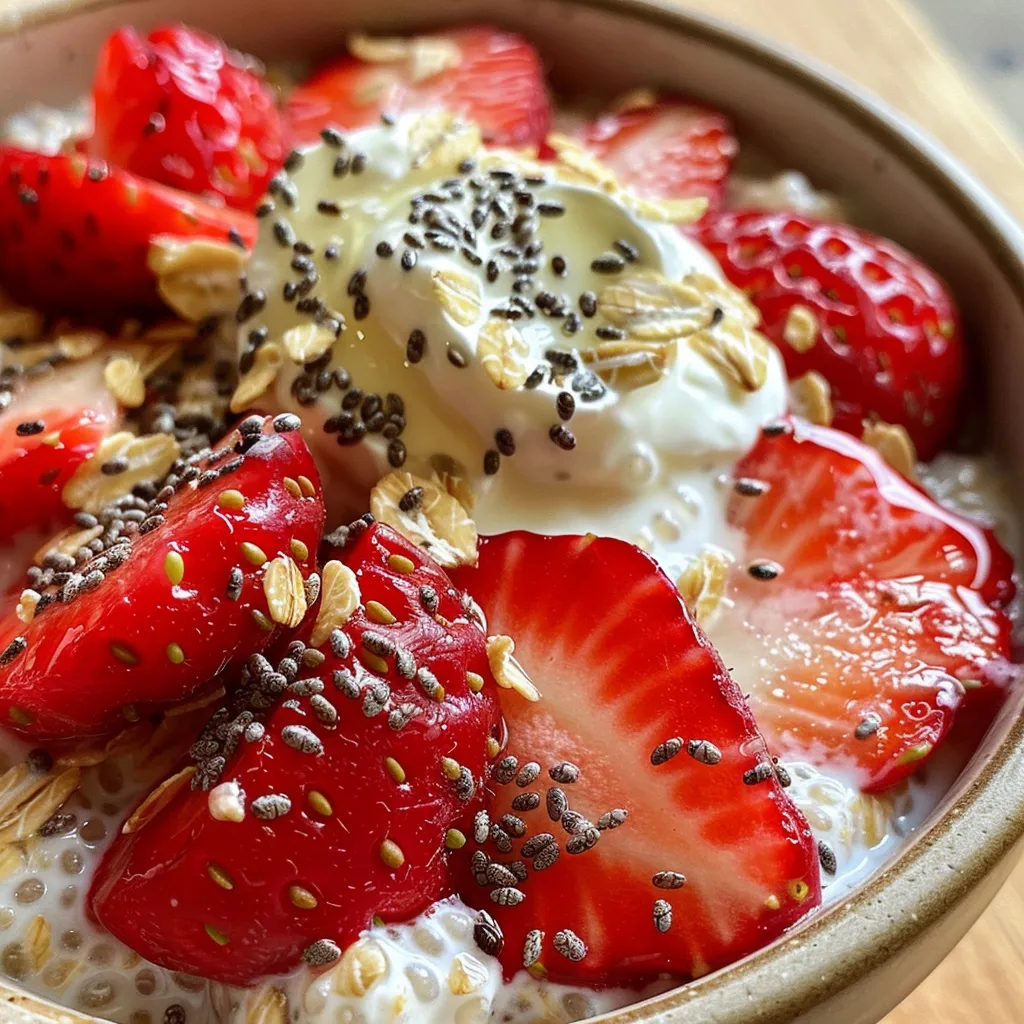 Side angle of a delicious serving of strawberry vanilla protein oats, showcasing vibrant red strawberries and a smooth texture.