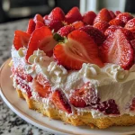 Side view of a strawberry yogurt cake with fresh strawberries on top.