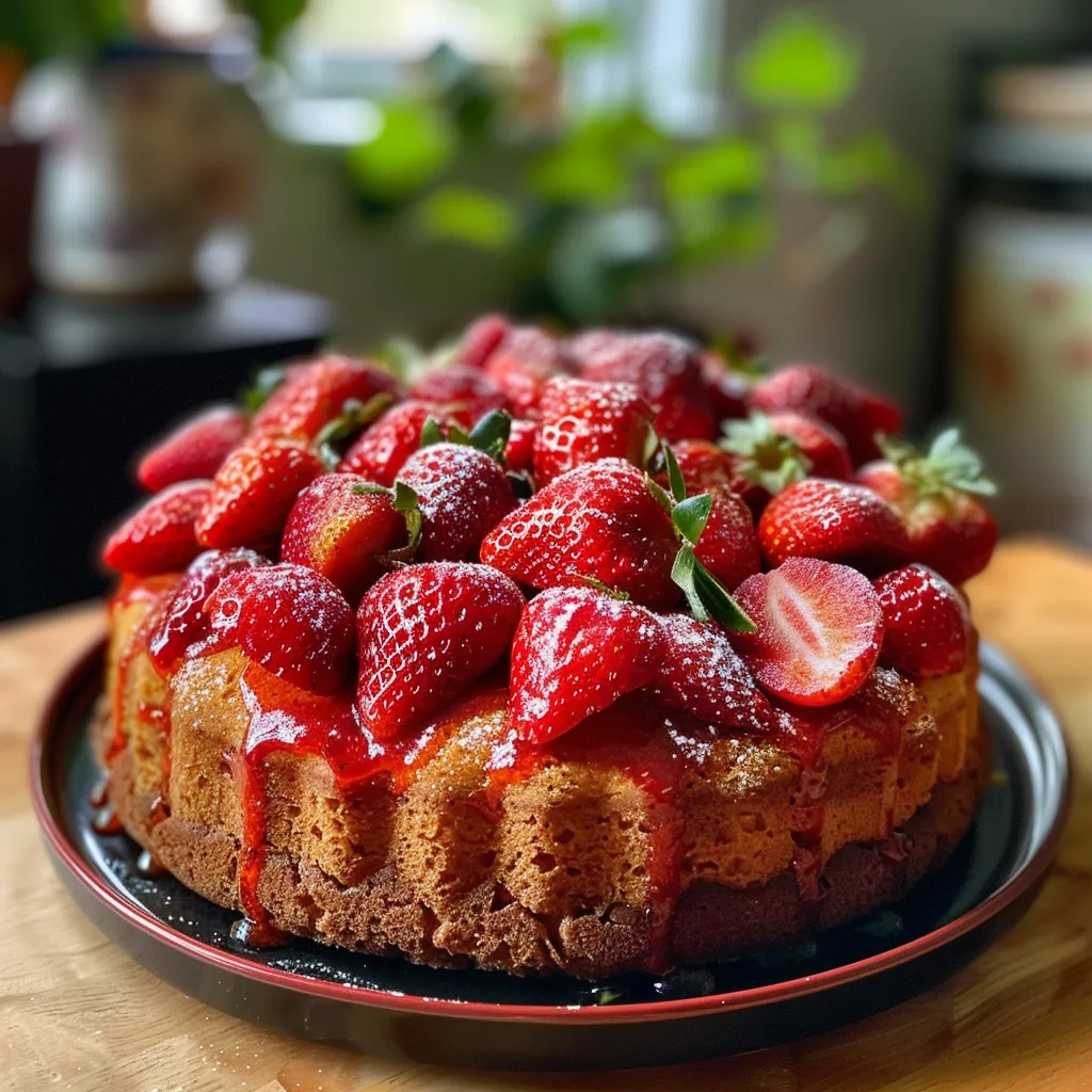 Close-up of a moist strawberry yogurt cake showcasing its layers and garnished with strawberries.