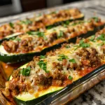 Close-up view of stuffed zucchini boats filled with ricotta, spinach, and mushrooms.