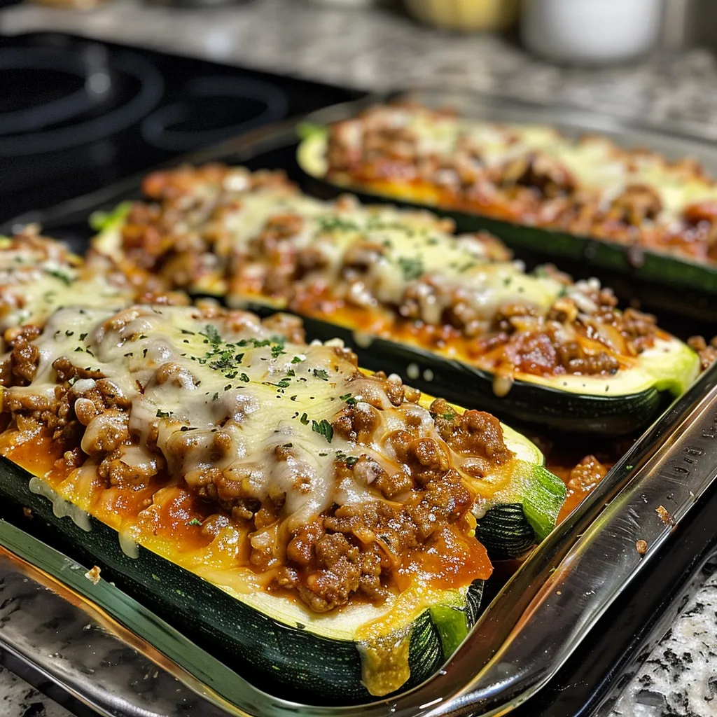 Juicy stuffed zucchini halves arranged on a plate, showcasing the savory filling.