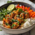 Juicy Sweet Chili Chicken Bowl with vibrant veggies and coconut lime drizzle.