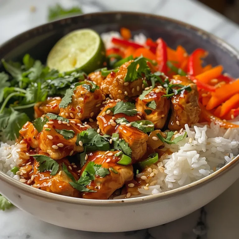 Juicy Sweet Chili Chicken Bowl with vibrant veggies and coconut lime drizzle.