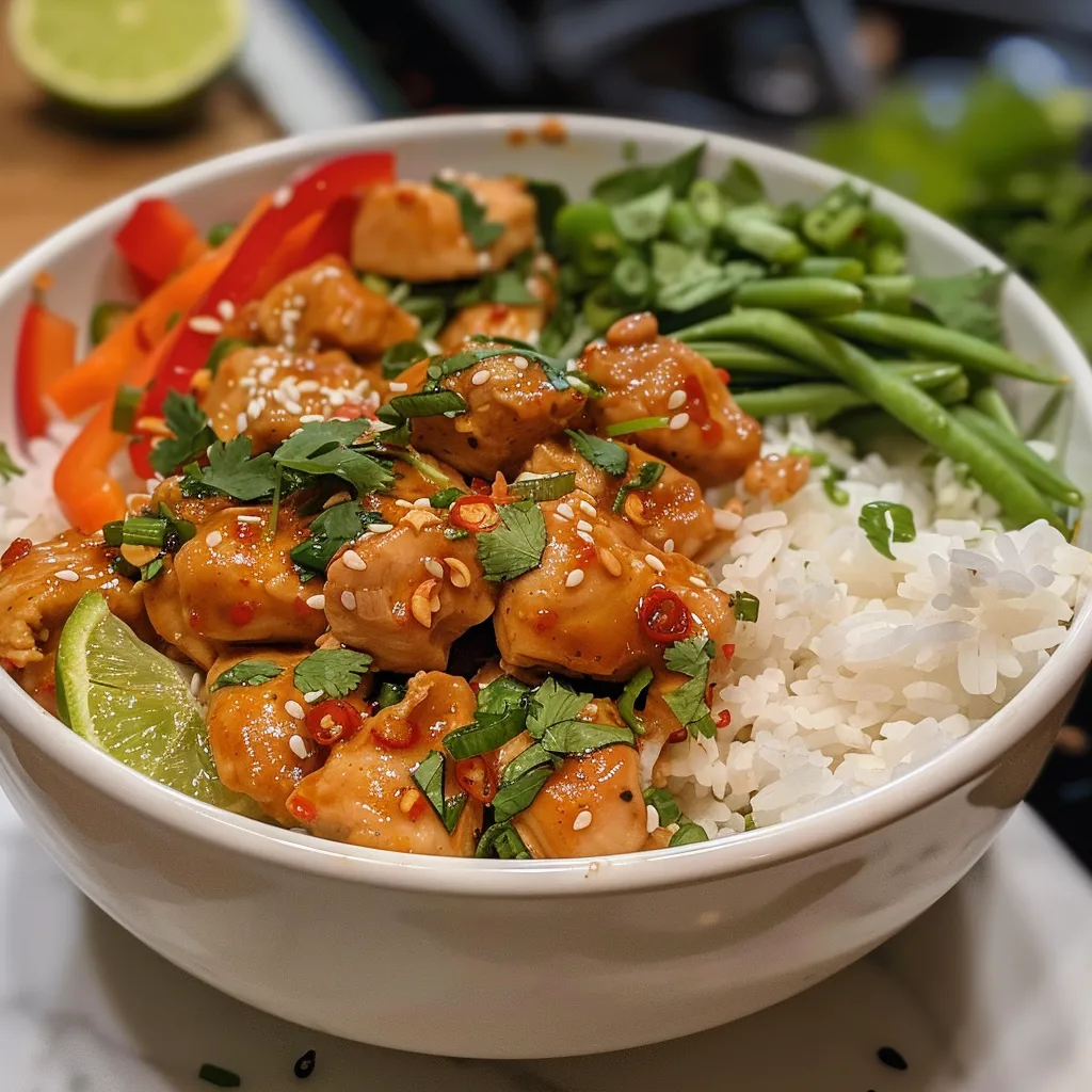 Close-up view of a Sweet Chili Chicken Bowl featuring colorful mixed vegetables.