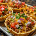 Close-up view of mini taco cups filled with ground beef, cheese, and toppings.